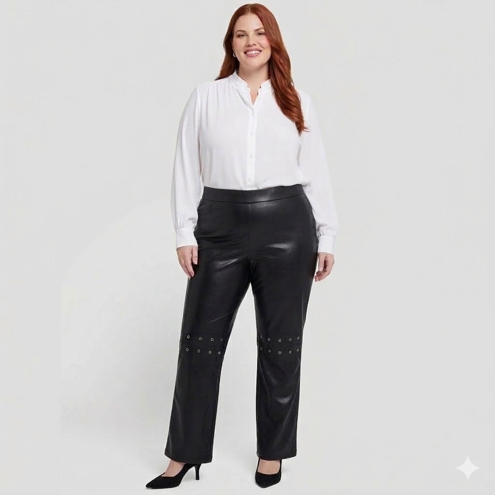Y2K Un Deux Trois Black High Rise Faux Leather Straight Leg Pants Grommet Detail